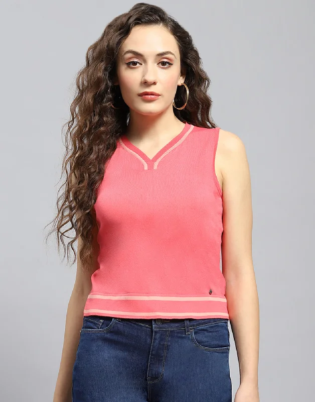 Amazing Deals Women Pink Solid V Neck Sleeveless Top