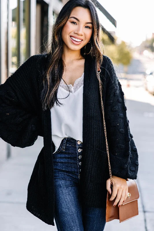 Time-Sensitive Make Your Day Black Pompom Cardigan