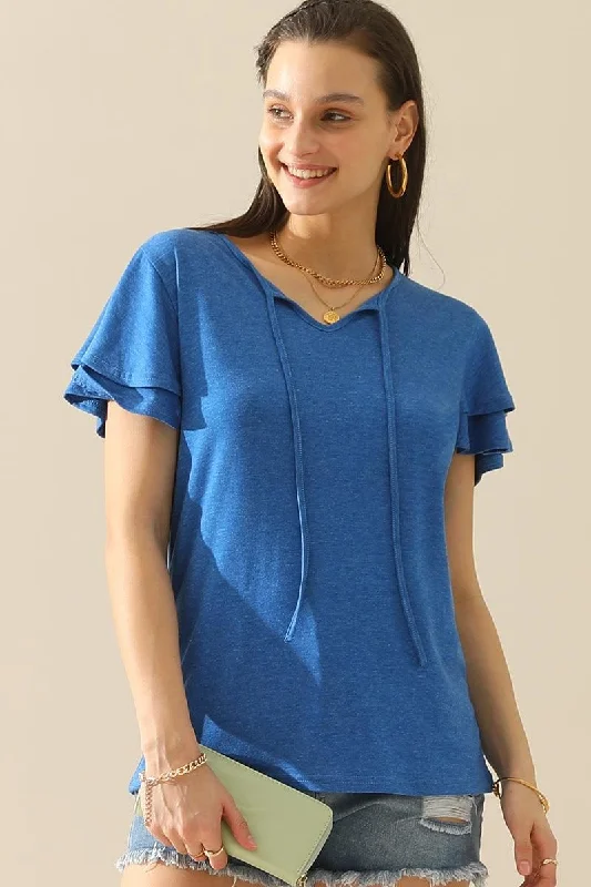 Special Discount V NECK LACED PETAL SLEEVE SOLID TOP