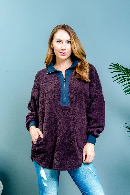 Online Exclusive Long Sleeve 1/2 Zip Color Blocked Wooly Fur Pullover Sweater in Purple & Blue* (BKER19168) Online Exclusive Long Sleeve 1/2 Zip Color Blocked Wooly Fur Pullover Sweater in Purple & Blue* (BKER19168)