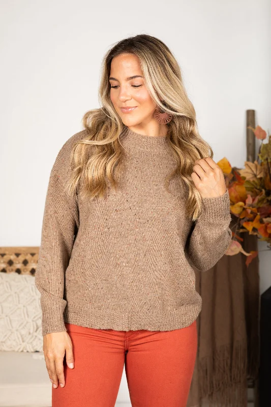 Super Deal Taupe Speckle Knit Long Sleeve Sweater