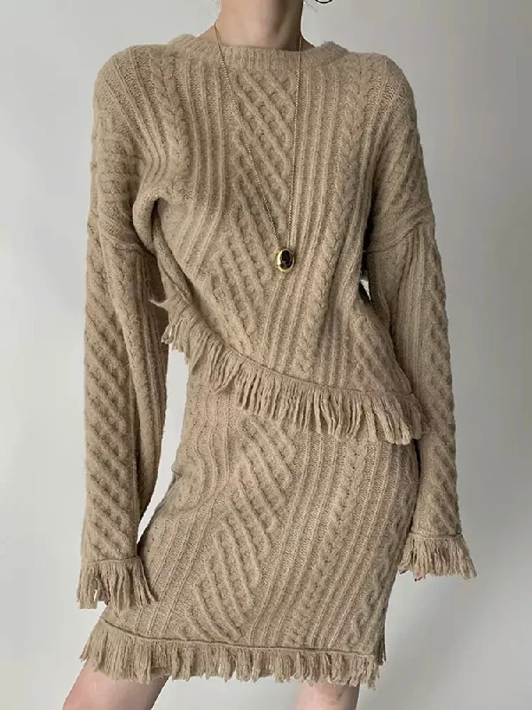 Amazing Deals Two Piece Knitting Set Women Long Sleeve Sweater High Waist Mini Skirt With Tassels Amazing Deals Two Piece Knitting Set Women Long Sleeve Sweater High Waist Mini Skirt With Tassels