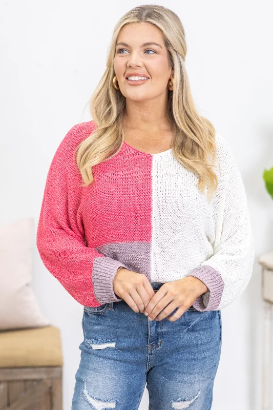 Seasonal Sale Raspberry Colorblock V-Neck Loose Knit Sweater