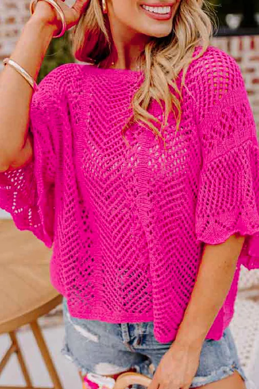 Weekend Savings Spree Rose Red Pointelle Knit Scallop Edge Short Sleeve Knit Top