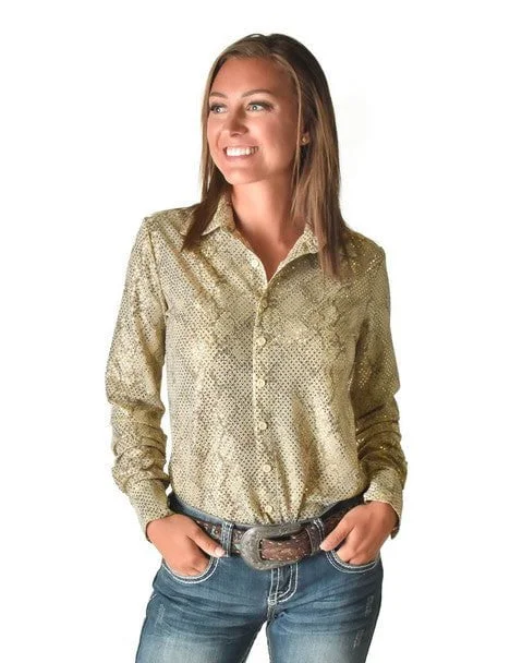 Weekend Extravaganza: Shop Now Cowgirl Tuff Womens Metallic Snakeskin Cream Polyester L/S Shirt