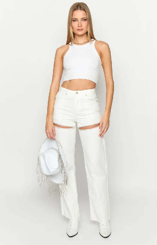 Weekend Extravaganza: Shop Now Gem Diamante Trim Wide Leg White Denim Jeans