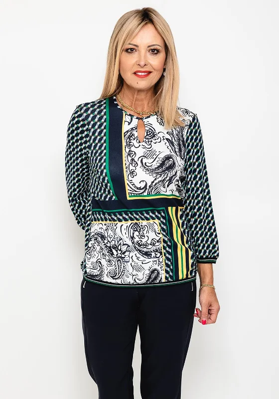 Now Available Rabe Button Neck Mix Print Top, Navy Multi