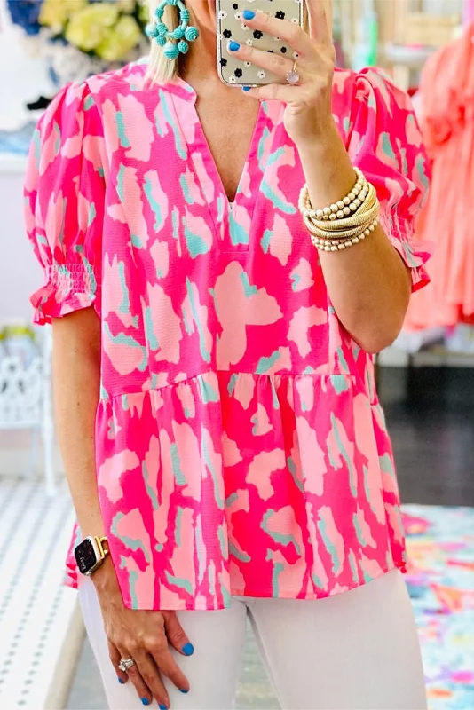Final Sale Rose Abstract Print Smocked Puff Sleeve V Neck Peplum Blouse