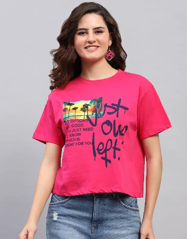 Weekend Bargains Await You Women Magenta Printed Round Neck Half Sleeve Top