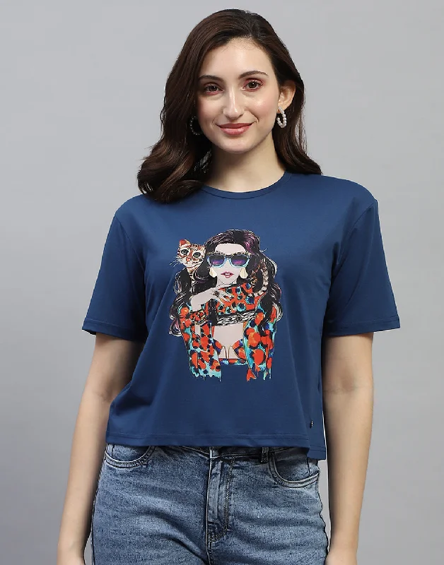 Weekend Specials to Snag Women Blue Printed Round Neck Half Sleeve Top