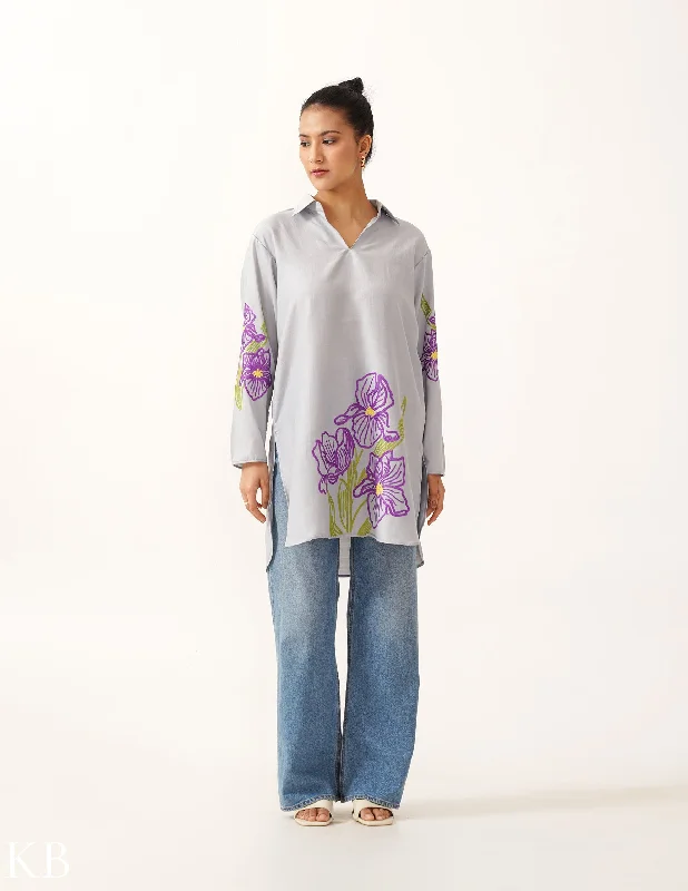 Weekend Bargains to Snag Orris Hand Aari Long Sky Grey Rayon Shirt