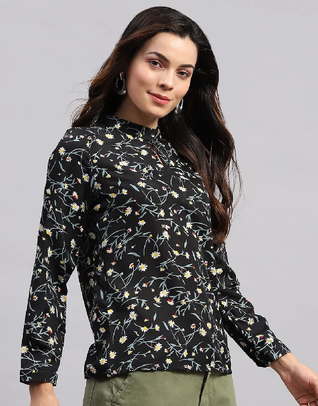 Time-Limited Offer Women Black Printed Band Collar Full Sleeve Top