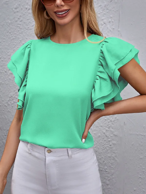 Weekend Deals That Please Round Neck Flounce Sleeve Blouse