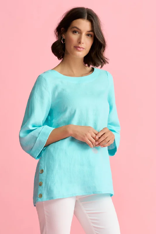 Shop and Save French Linen Button Detail Top - Aqua