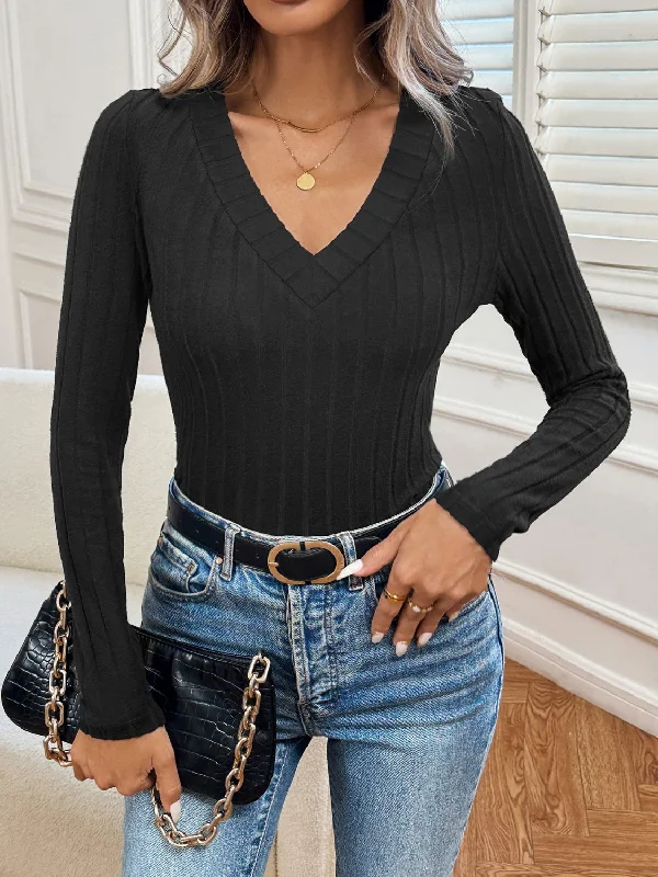 Amazing Value Ribbed V-Neck Long Sleeve T-Shirt
