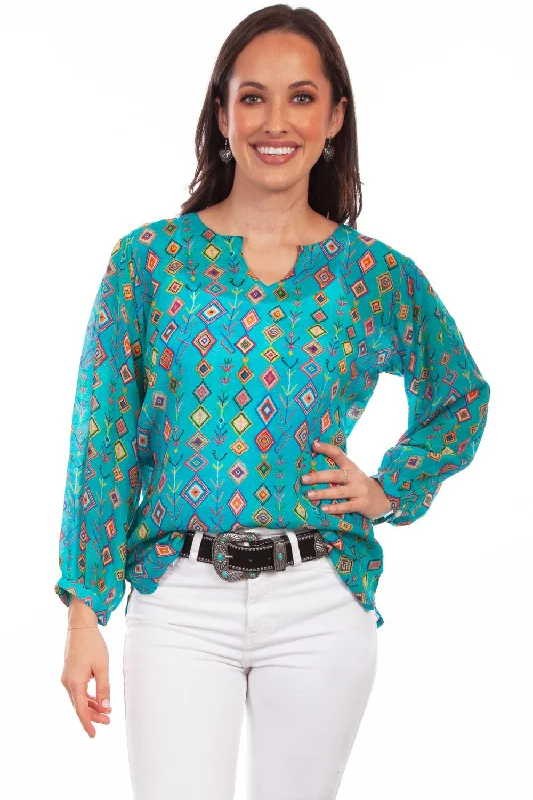 Take Advantage Scully Womens Keyhole Graphic Turquoise Rayon L/S Tunic