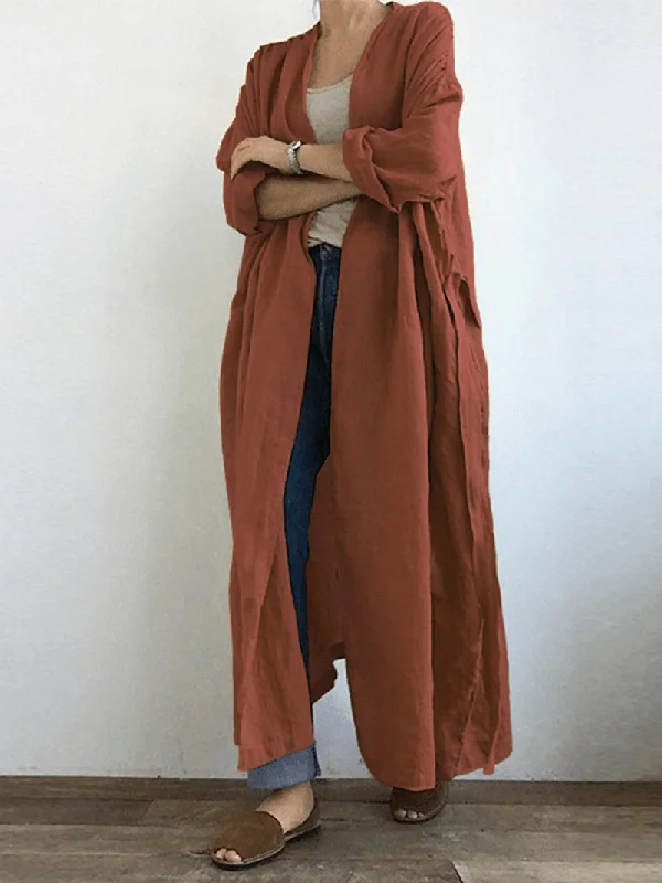 Flash Sale Women 100% Cotton Lace-Up V-Neck Side Pockets Mid-Calf Length Cardigan