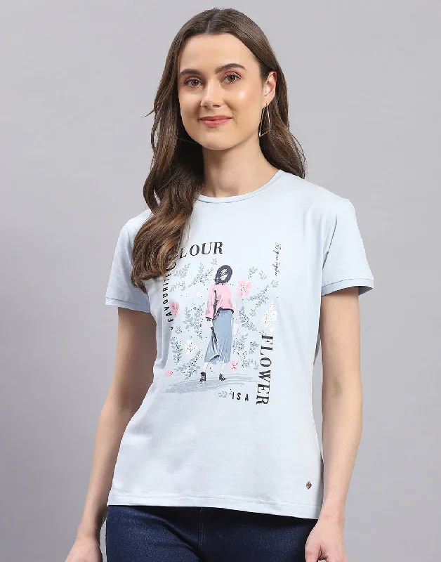 Steals and Deals Women Blue Printed Round Neck Half Sleeve Top