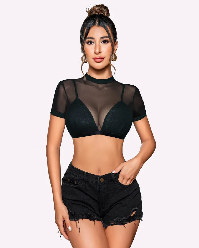 Weekend Discounts to Indulge In See Through Short Sleeve Shirt with Bra
