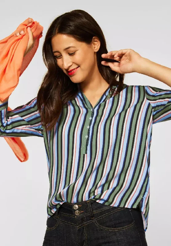 Weekend Discounts You Deserve Street One Striped Half Button Blouse, Washed Olives