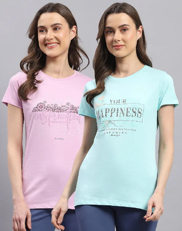 Overstock Clearance Women Blue & Purple Printed Round Neck Half Sleeve Top 2 Pc Set