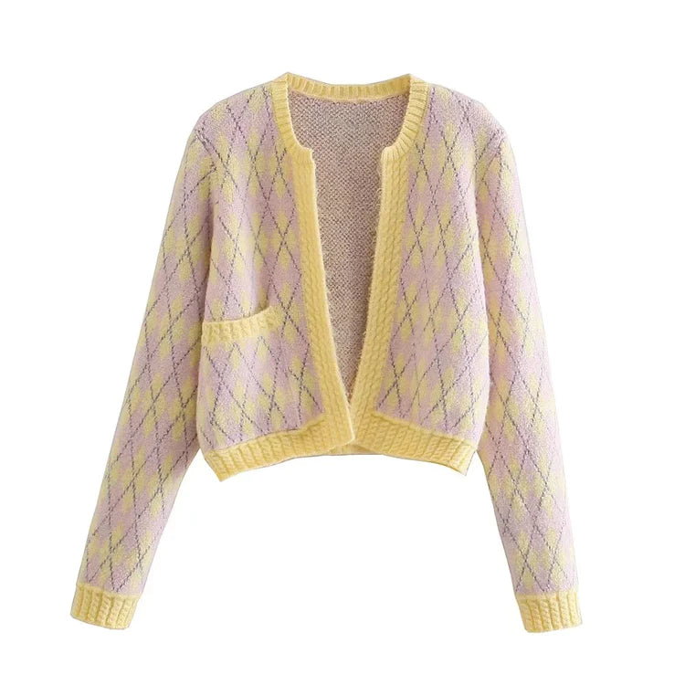Weekend Offers That Shine Versatile diamond check sweater cardigan jacket      S2525