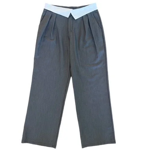 Markdown Sale White Contrast Waist Trouser with Pleats in Grey