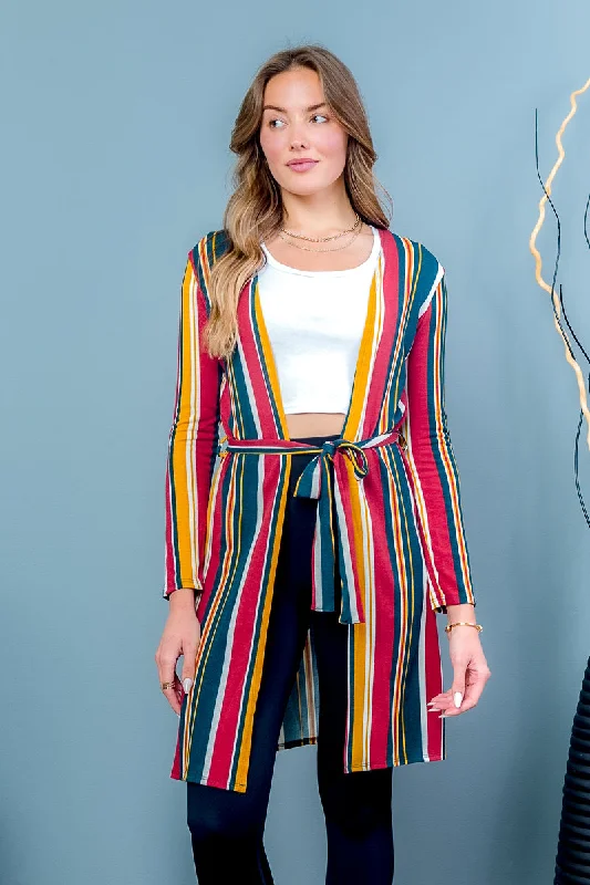 Weekend Offers That Dazzle Multi Color Stripe Open Front Cardigan Sweater with Waist Tie (31762) Weekend Offers That Dazzle Multi Color Stripe Open Front Cardigan Sweater with Waist Tie (31762)