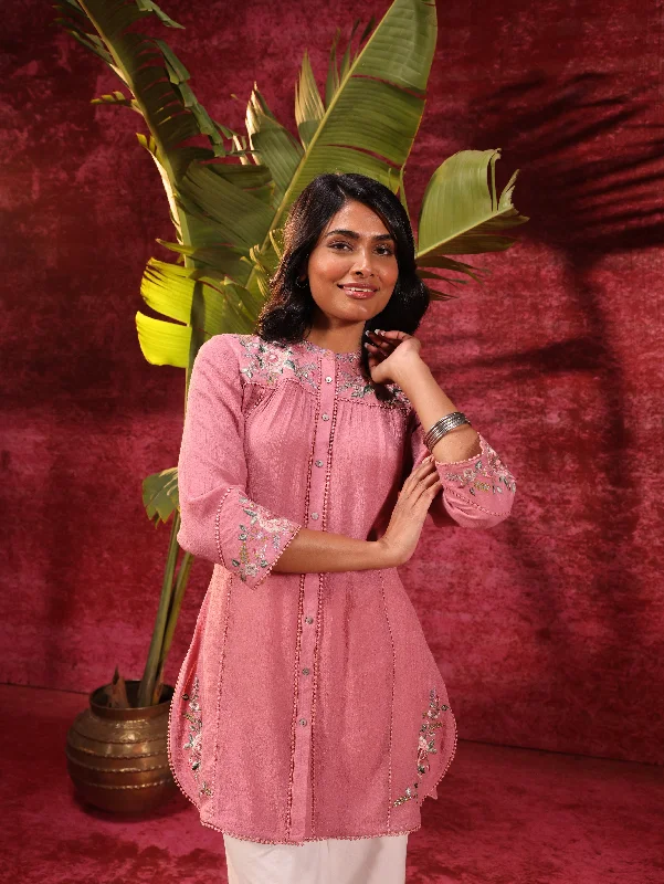 Deal of the Week Mogra Turkish Pink Crinkled Crepe Embroidered Shirt for Women