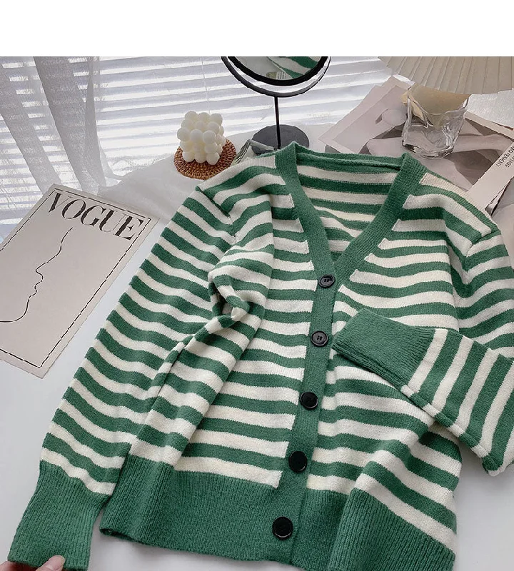 Epic Deals Vintage long sleeve knitted cardigan stripe V-neck casual top  6634