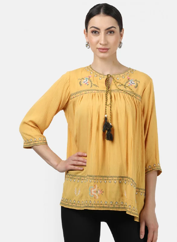 Referral Discount Womens Mustard Embroidered Tops