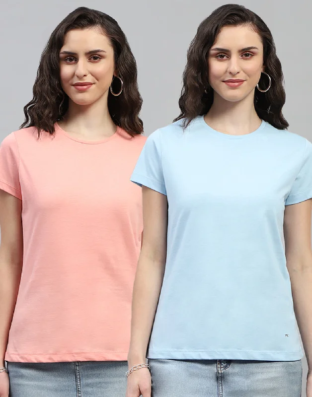 Weekend Discounts to Celebrate Women Pink & Sky Blue Solid Round Neck Half Sleeve Top (Pack of 2)