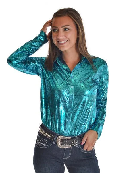 Weekend Savings Spectacle Cowgirl Tuff Womens Midweight Shiny Turquoise Polyester L/S Shirt