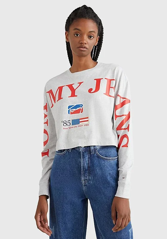 Weekend Deals to Make You Happy Tommy Jeans Womens Crop Long Sleeve T-Shirt, Silver Grey