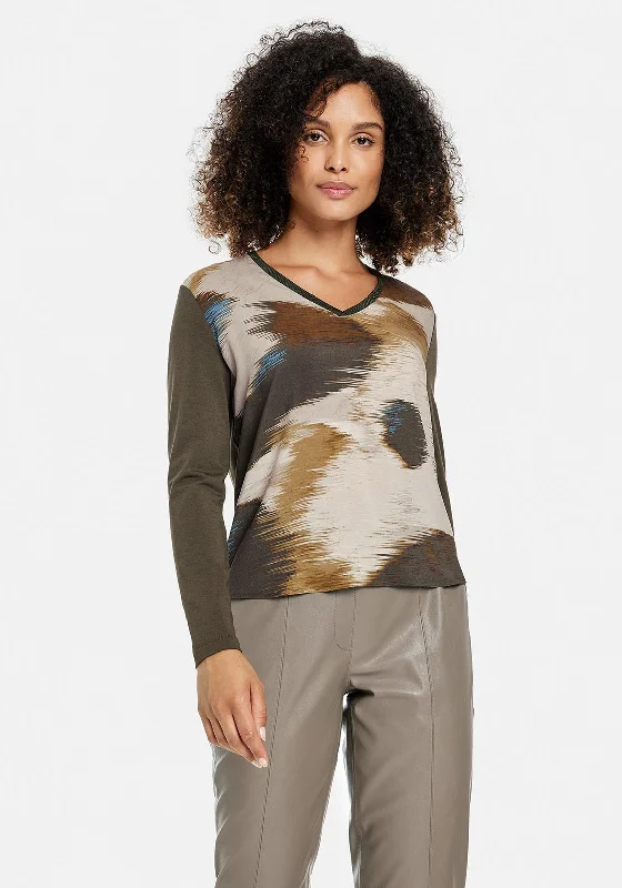 Huge Savings Gerry Weber Brushstroke Print V Neck Top, Khaki Multi