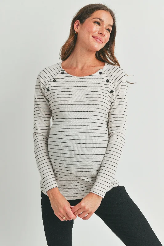 Price Cut Striped Round Neck Nursing Top with Button Detail