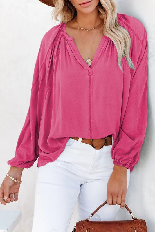 Inventory Reduction Rosy Casual Plicated Detail V Neck Blouse