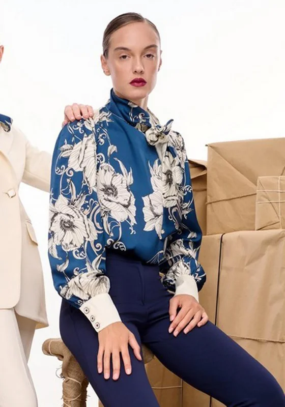 Act Now Camelot Floral Pussy Bow Satin Blouse, Blue & Cream