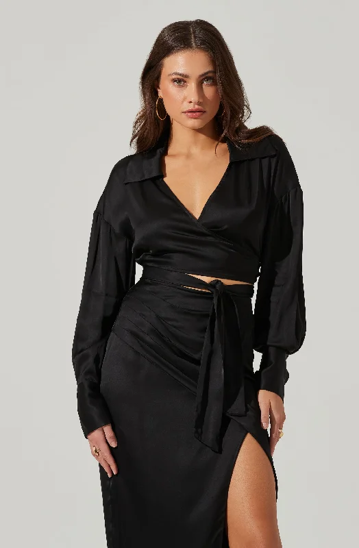 Savings Event Loretta Satin Cropped Tie Waist Top