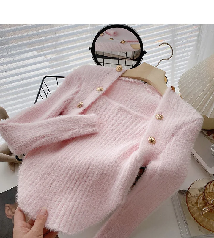 Special Buy Wool sweater slim fit short small square neck double row button top  6603