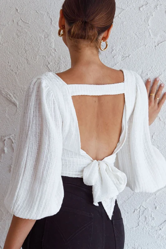 Instant Discount Love Like This Balloon Sleeve Open Back Crop Top Textured White