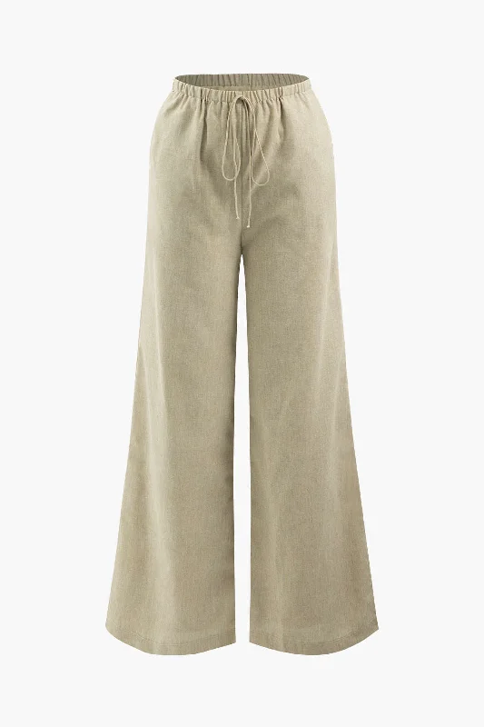 Discount Deals Basic Linen Drawstring Wide Leg Pants