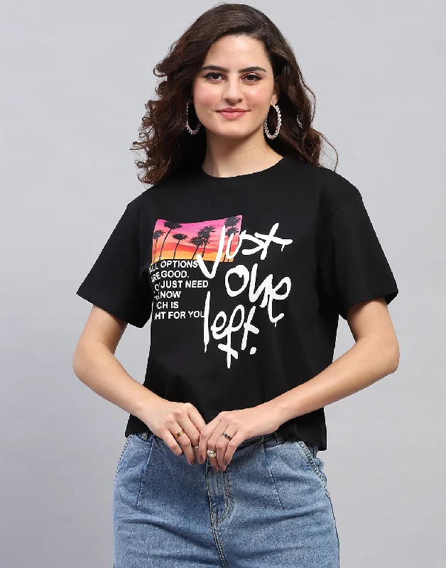 Super Sale Women Black Printed Round Neck Half Sleeve Top