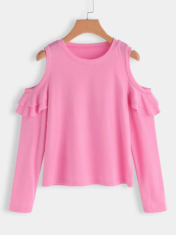 Factory Direct Sale OEM ODM Round Neck Cold Shoulder Plain Long Sleeve Flounced Hem Pink T-Shirts
