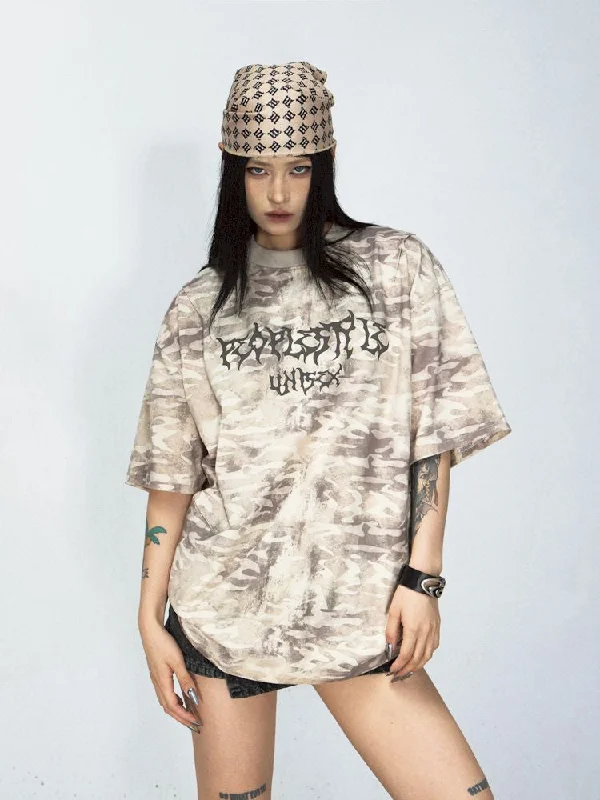 Savings Galore CAMOUFLAGE PUNK Letters Do Old Washed T-Shirt [S0000008486]