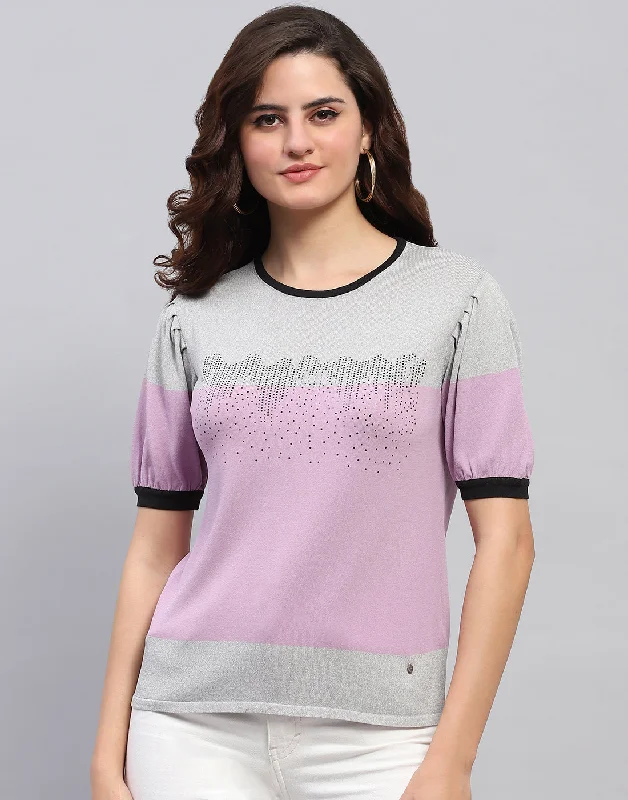 Special Savings Women Grey Colourblocked Round Neck Half Sleeve Top
