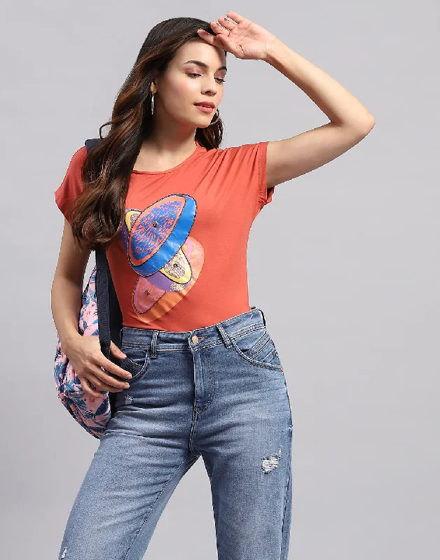 Make Your Weekend Count with Savings Women Orange Printed Round Neck Half Sleeve Top