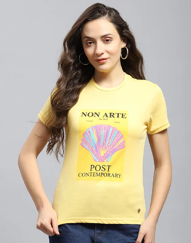 Price Drop Women Yellow Printed Round Neck Half Sleeve Top