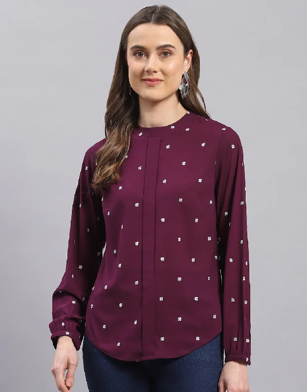 TIME-Limited Offer Women Purple Embroidered Round Neck Full Sleeve Top