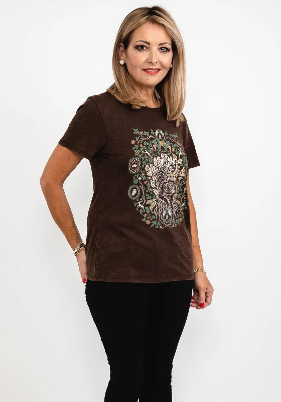 Price Slash Guess Womens Into the Woods T-Shirt, Brown